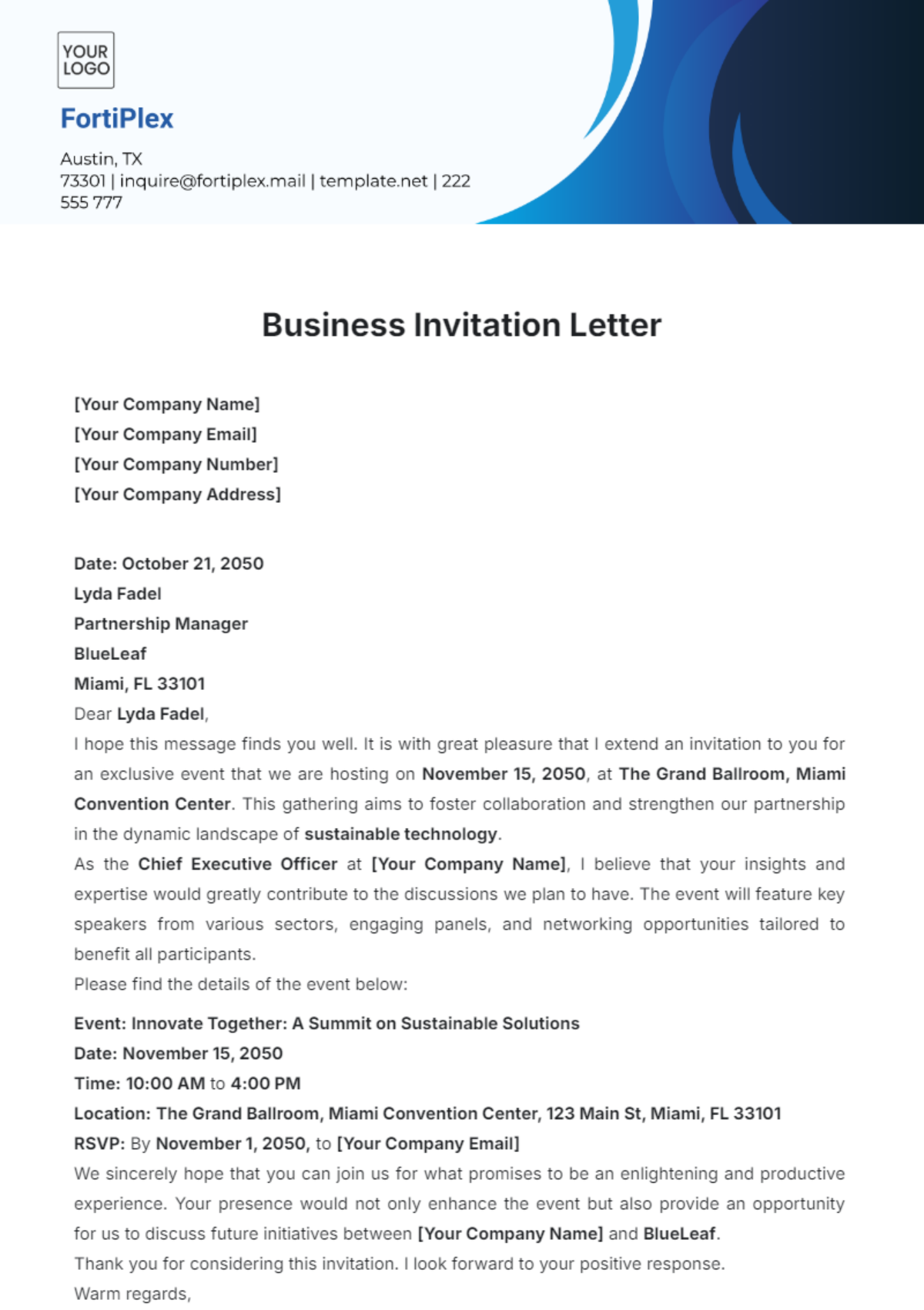 Business Invitation Letter Template