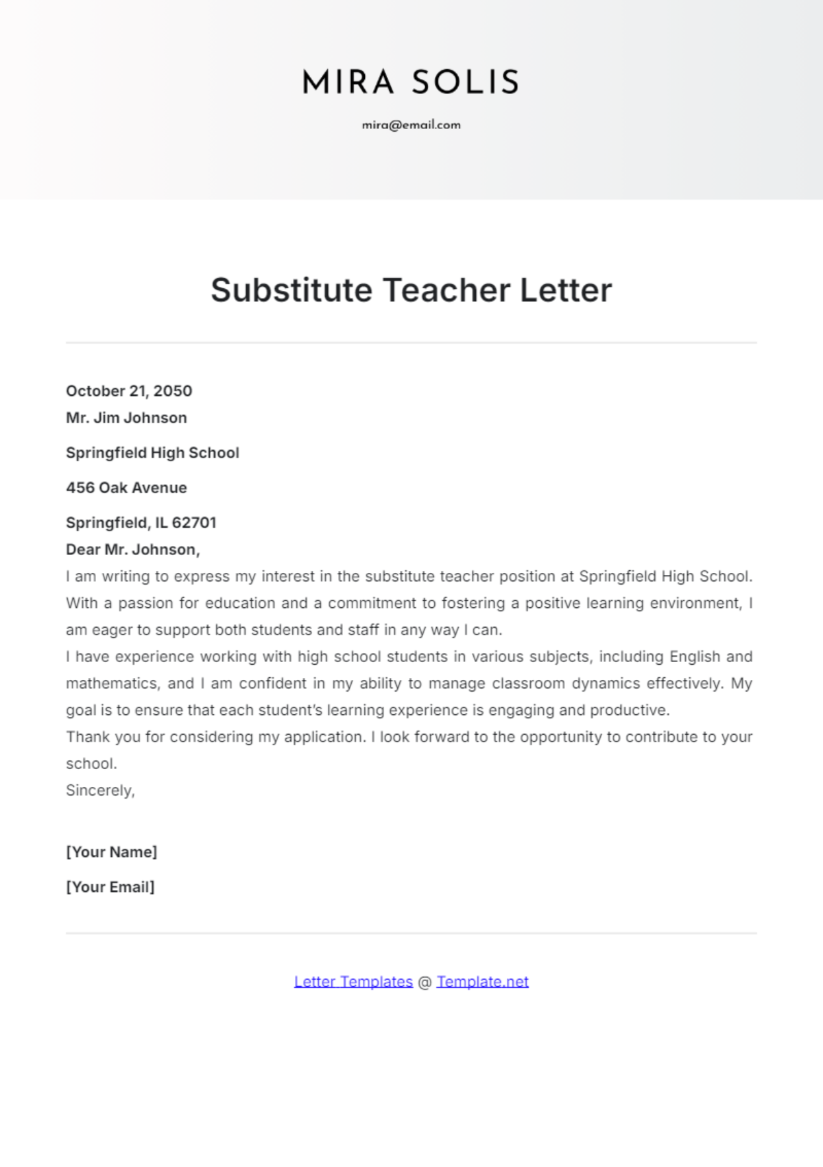 Substitute Teacher Letter Template - Edit Online & Download