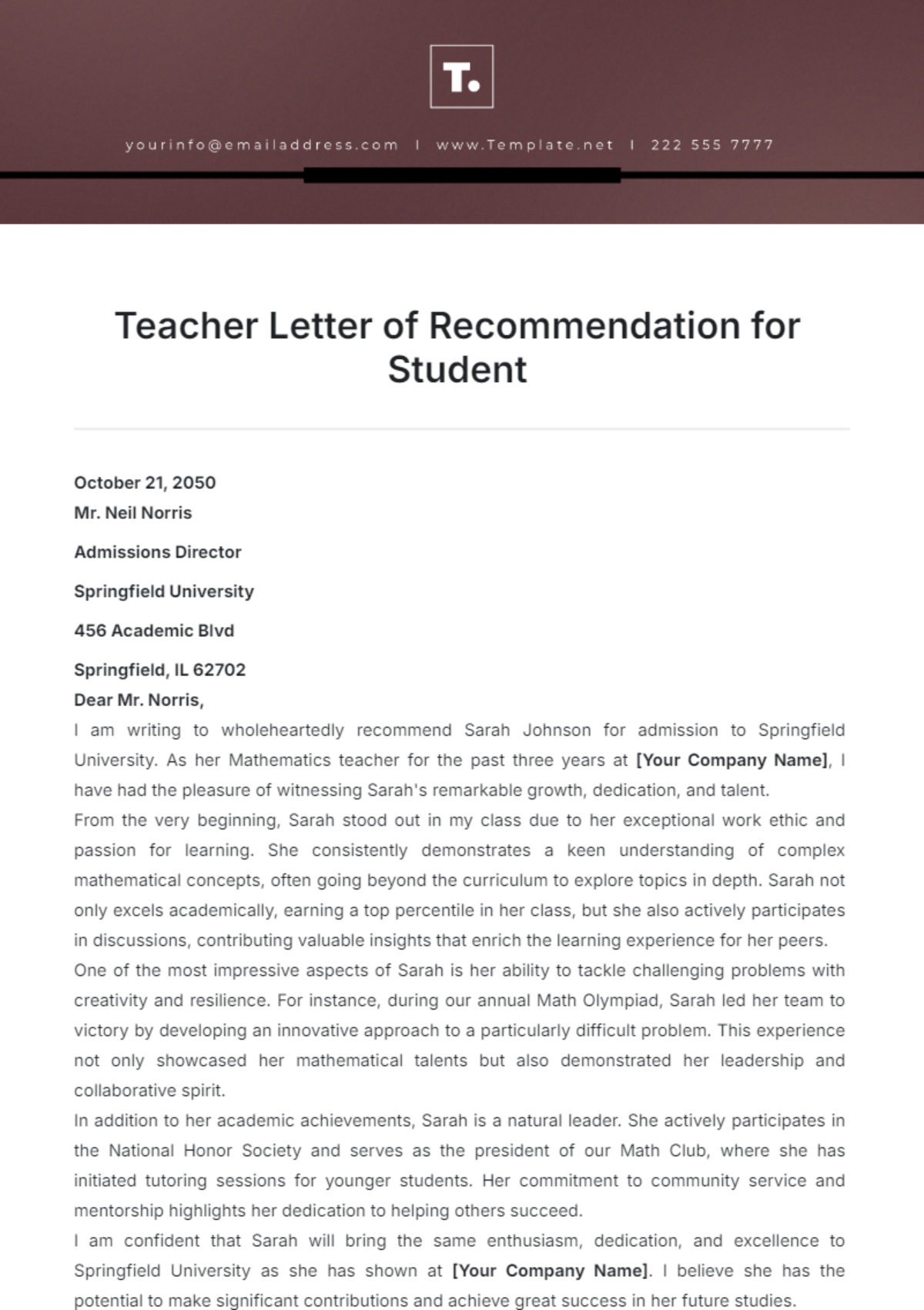 Teacher Letter of Recommendation for Student Template - Edit Online & Download