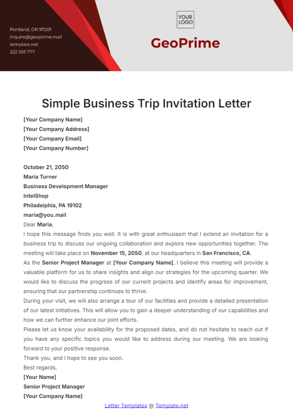 Simple Business Trip Invitation Letter Template