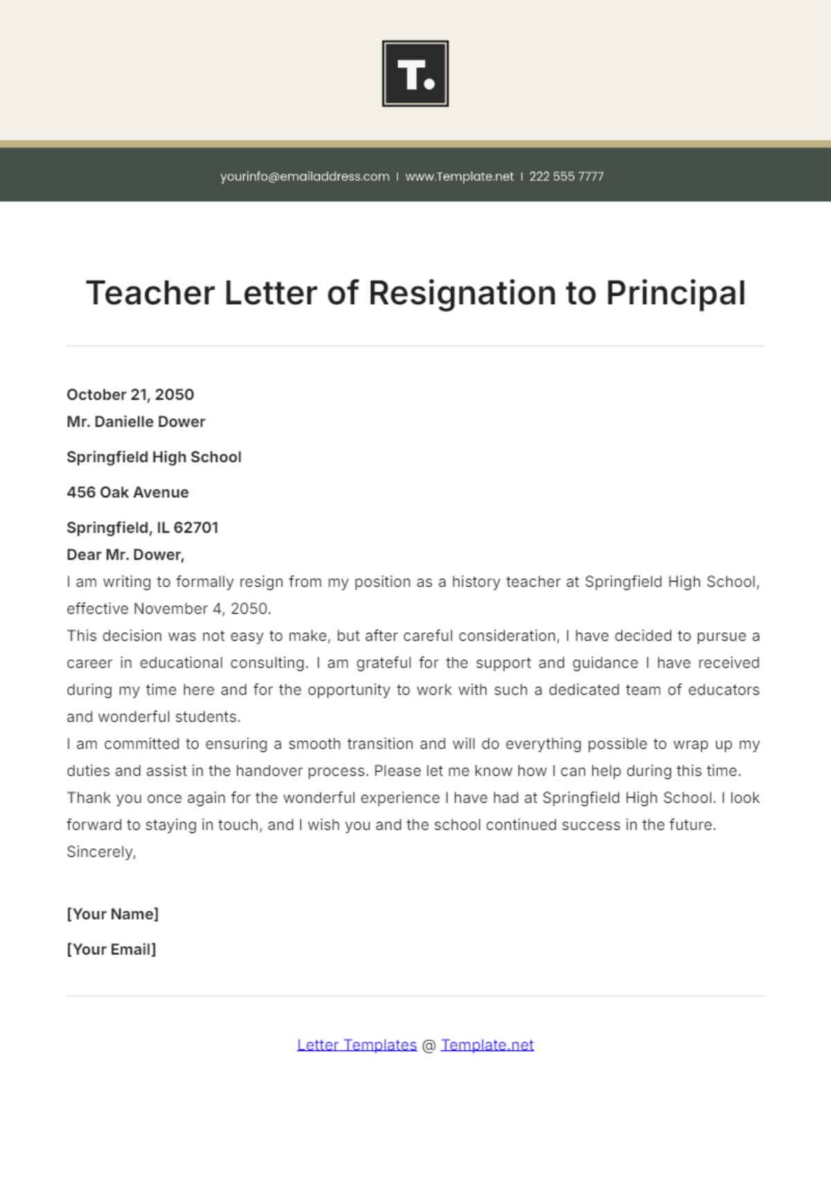 Teacher Letter of Resignation to Principal Template - Edit Online & Download