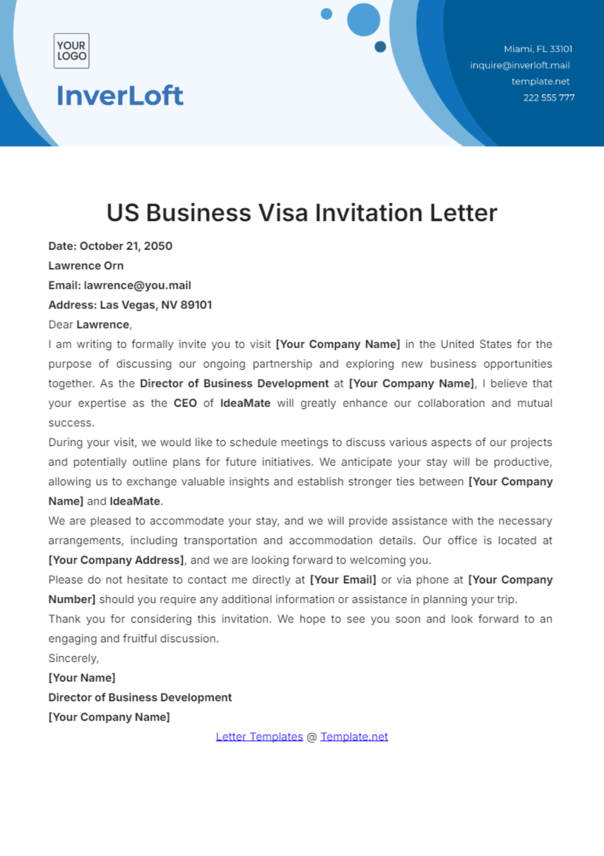 US Business Visa Invitation Letter Template