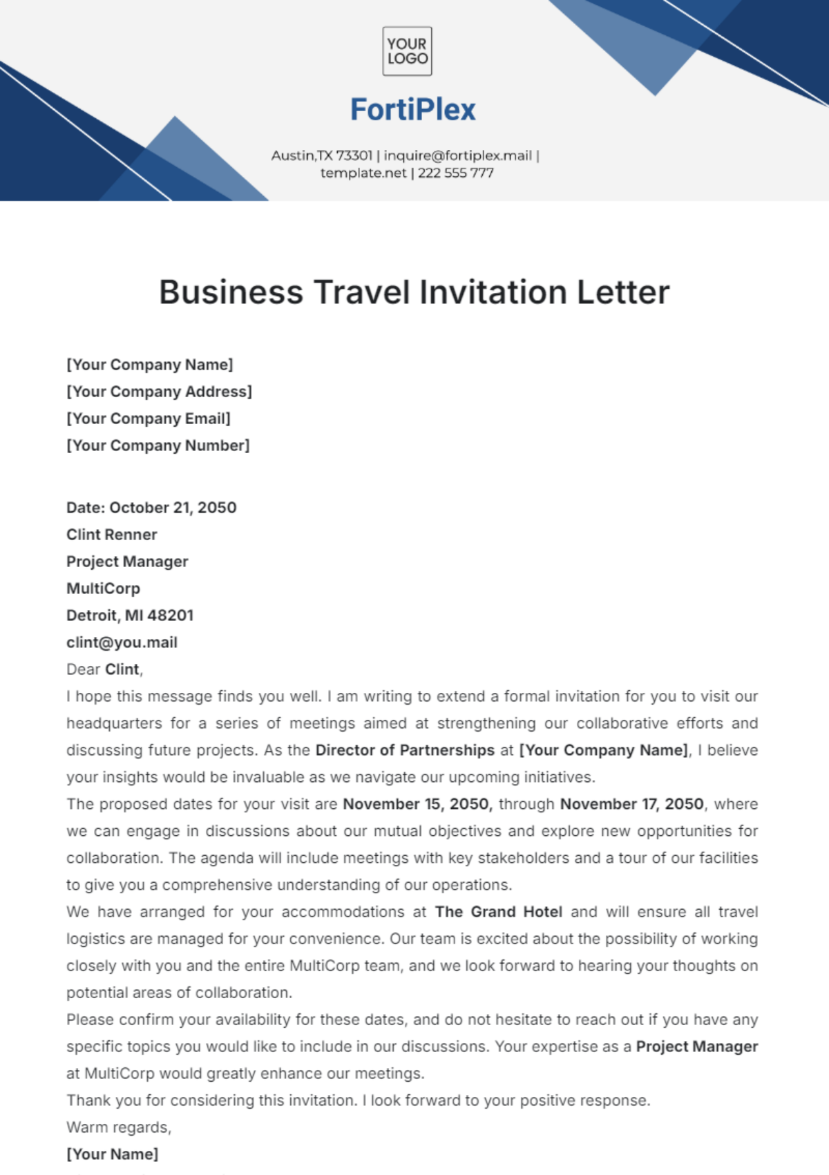 Business Travel Invitation Letter Template