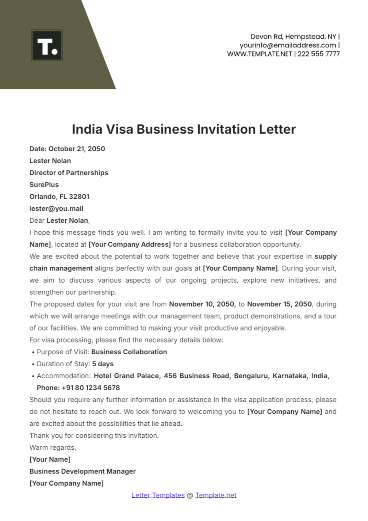 India Visa Business Invitation Letter Template