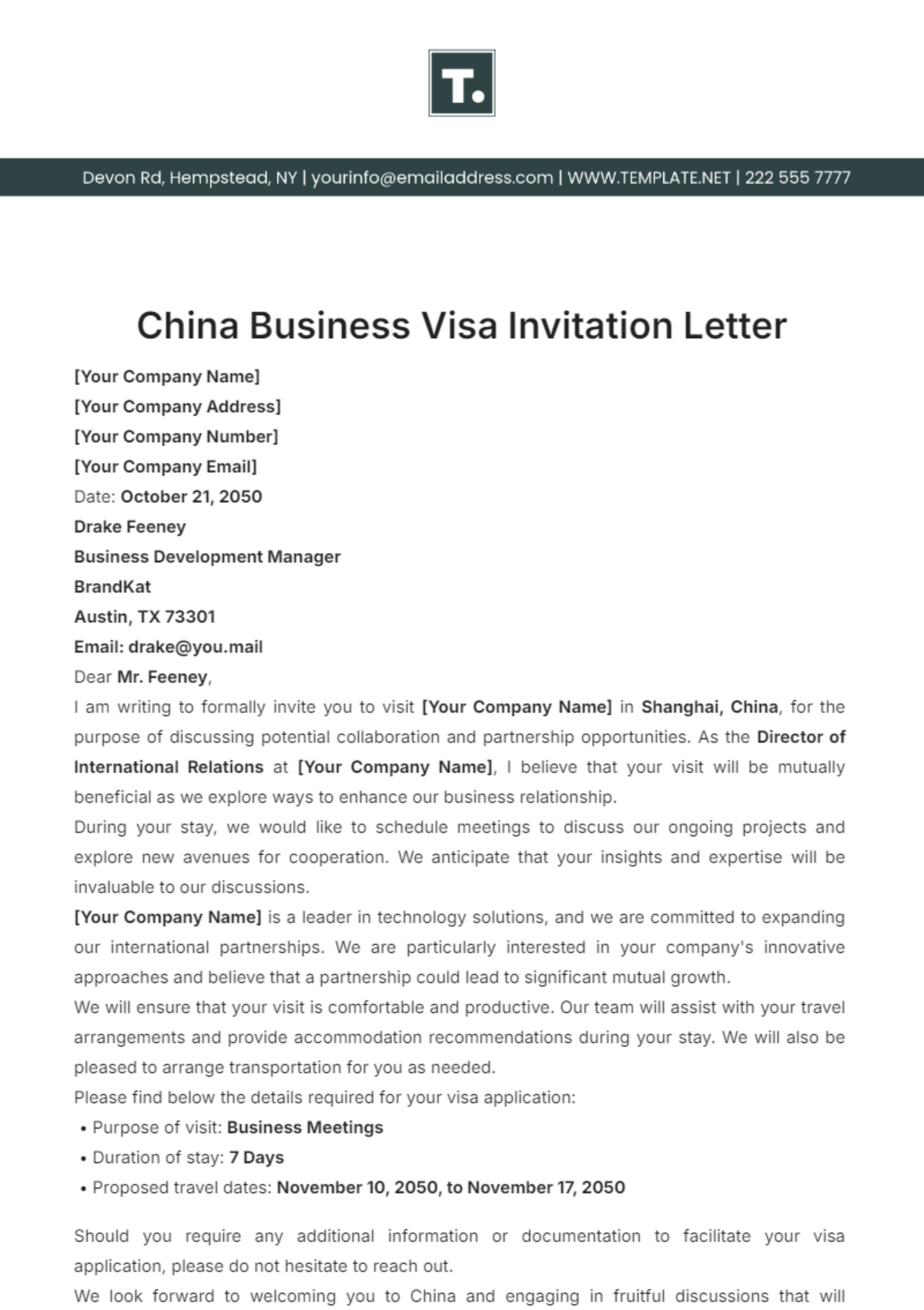 China Business Visa Invitation Letter Template