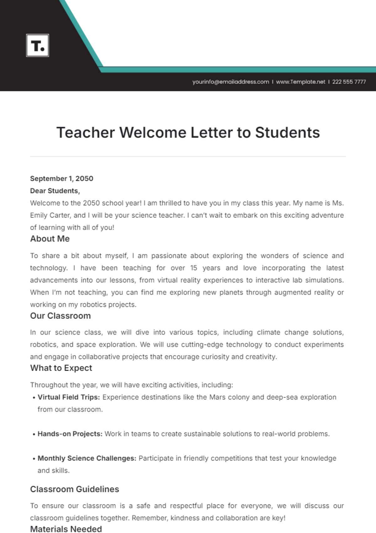 Teacher Welcome Letter to Students Template - Edit Online & Download