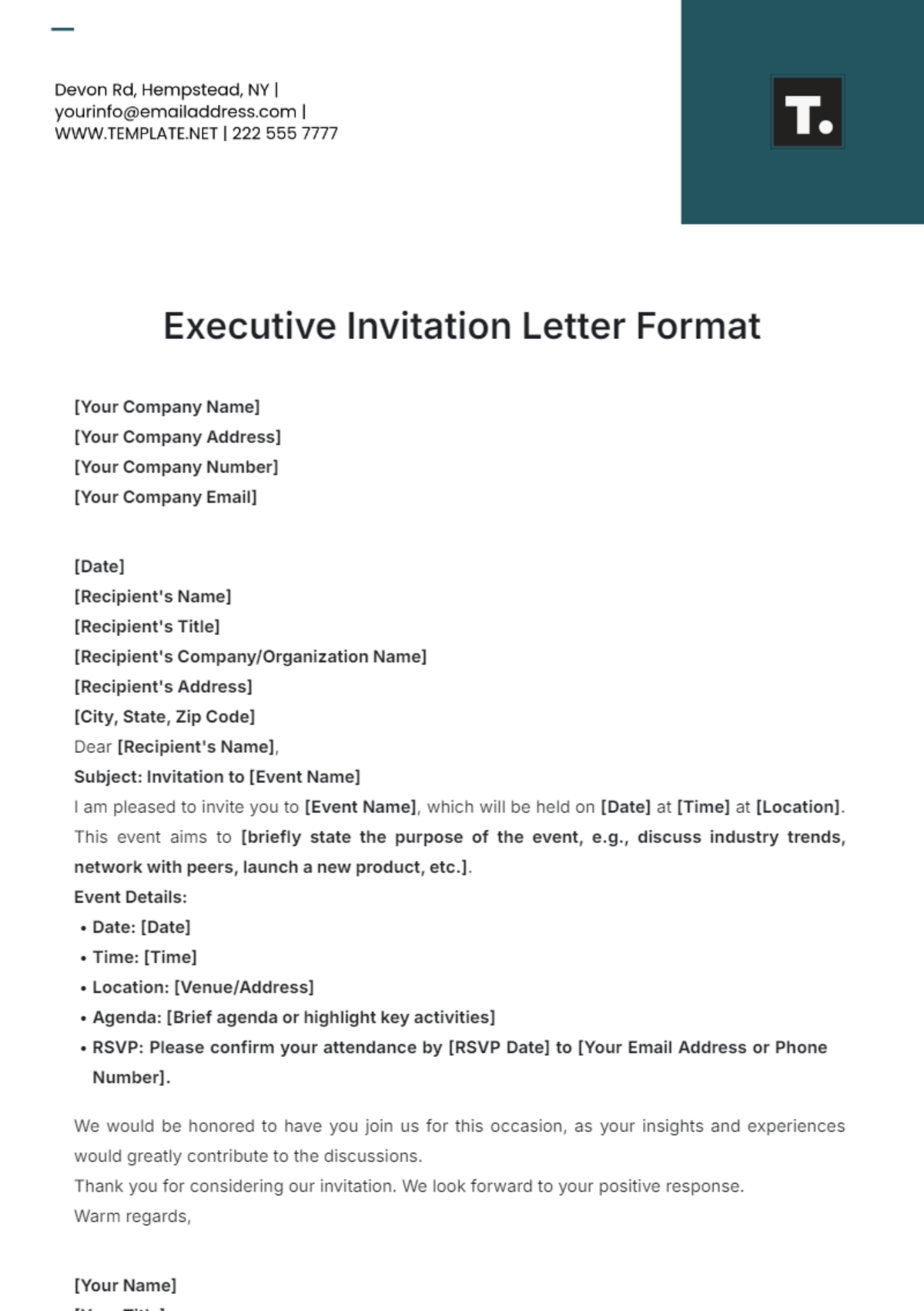 Executive Invitation Letter Format Template