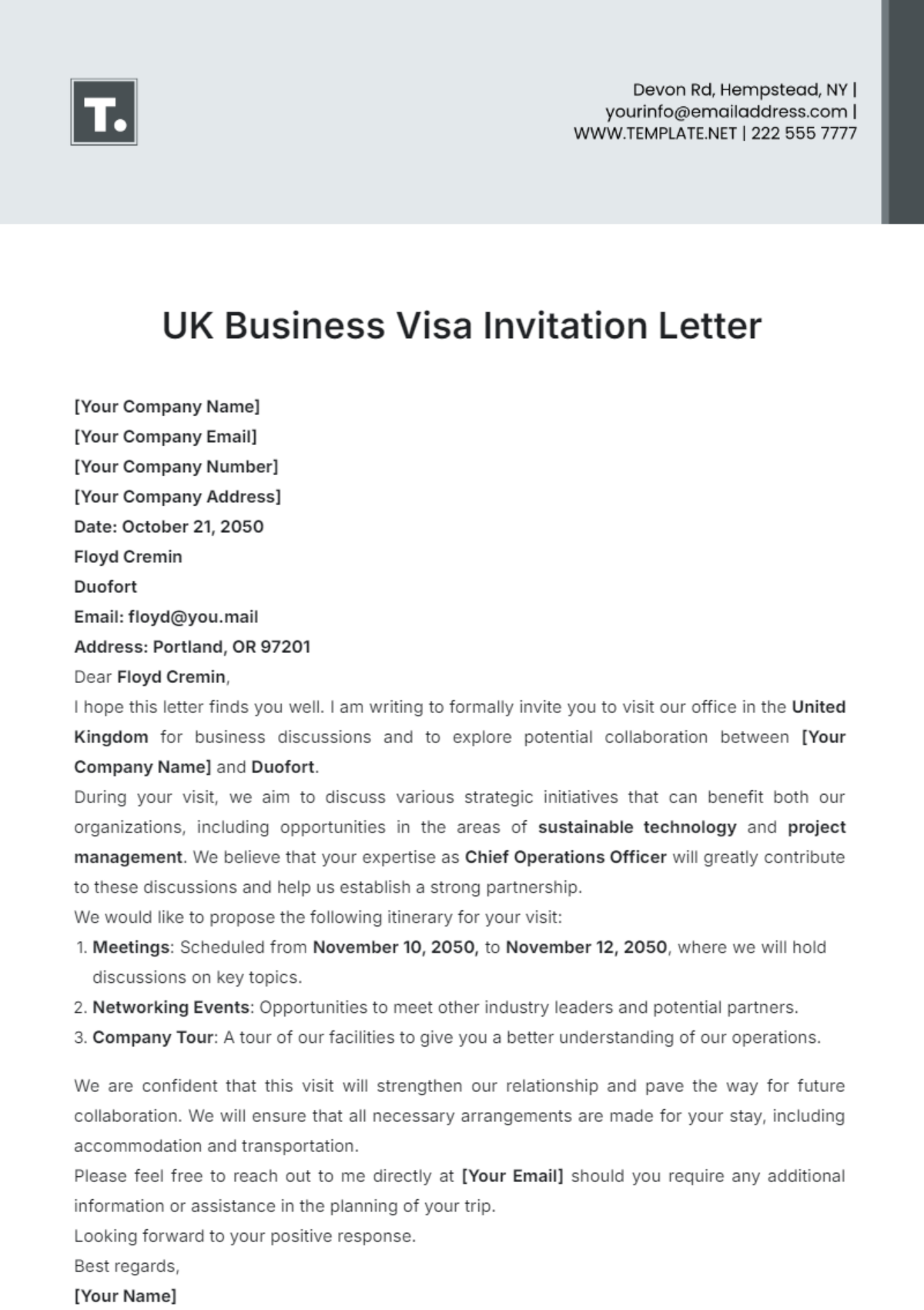 UK Business Visa Invitation Letter Template