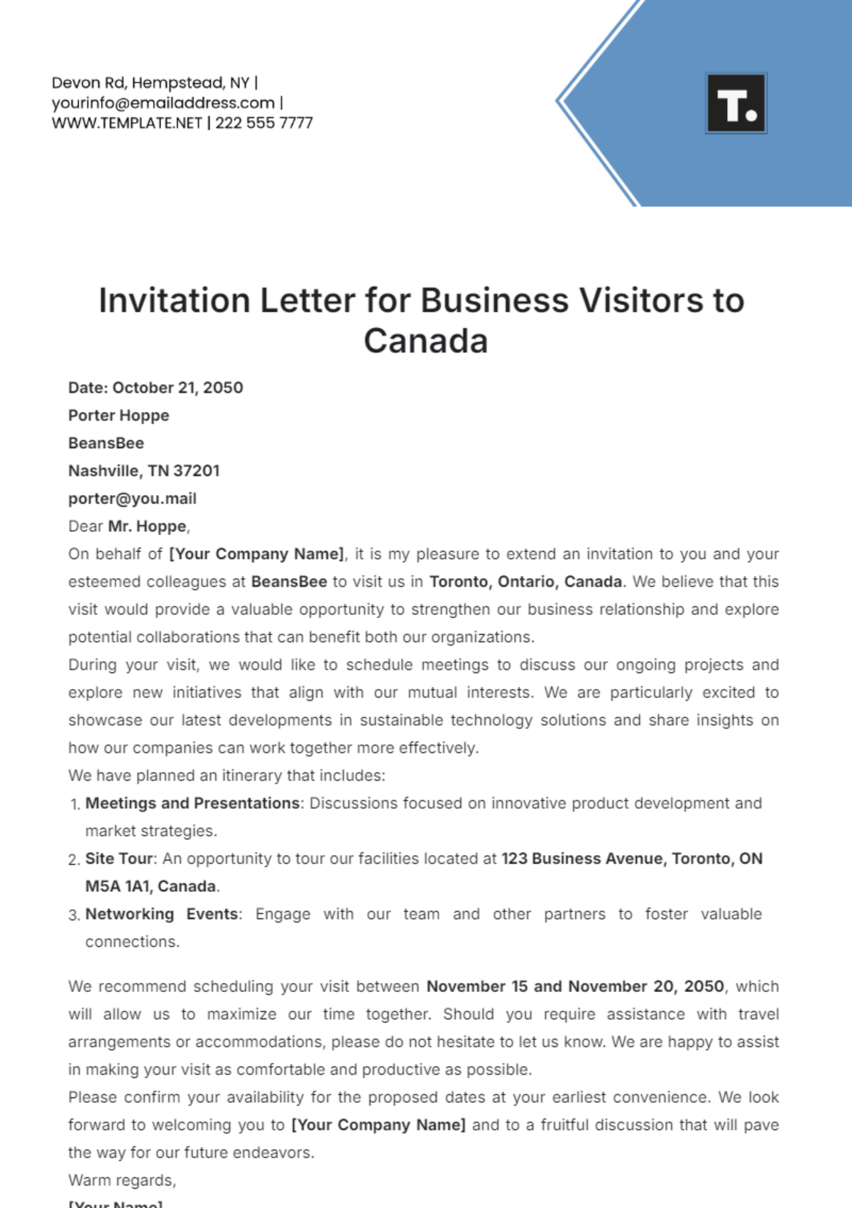 Invitation Letter for Business Visitors to Canada Template