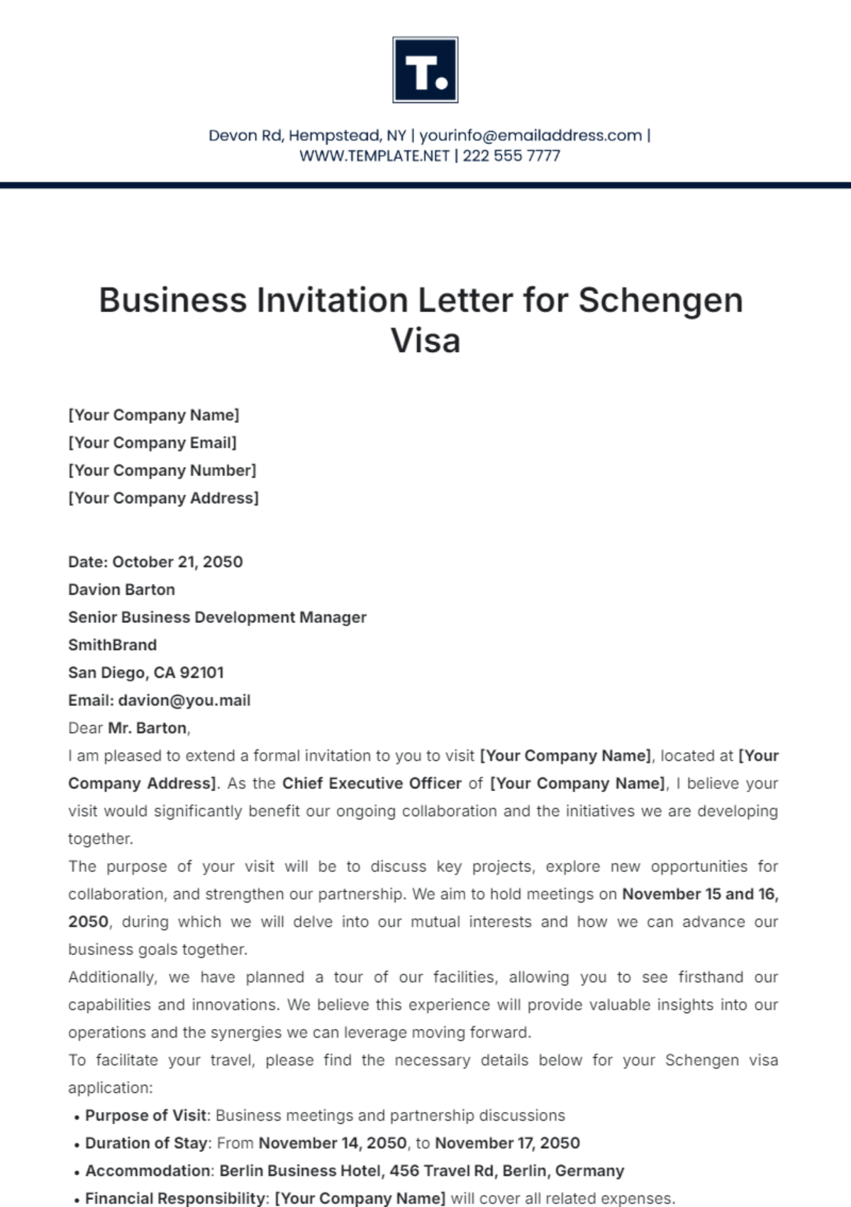 Business Invitation Letter for Schengen Visa Template