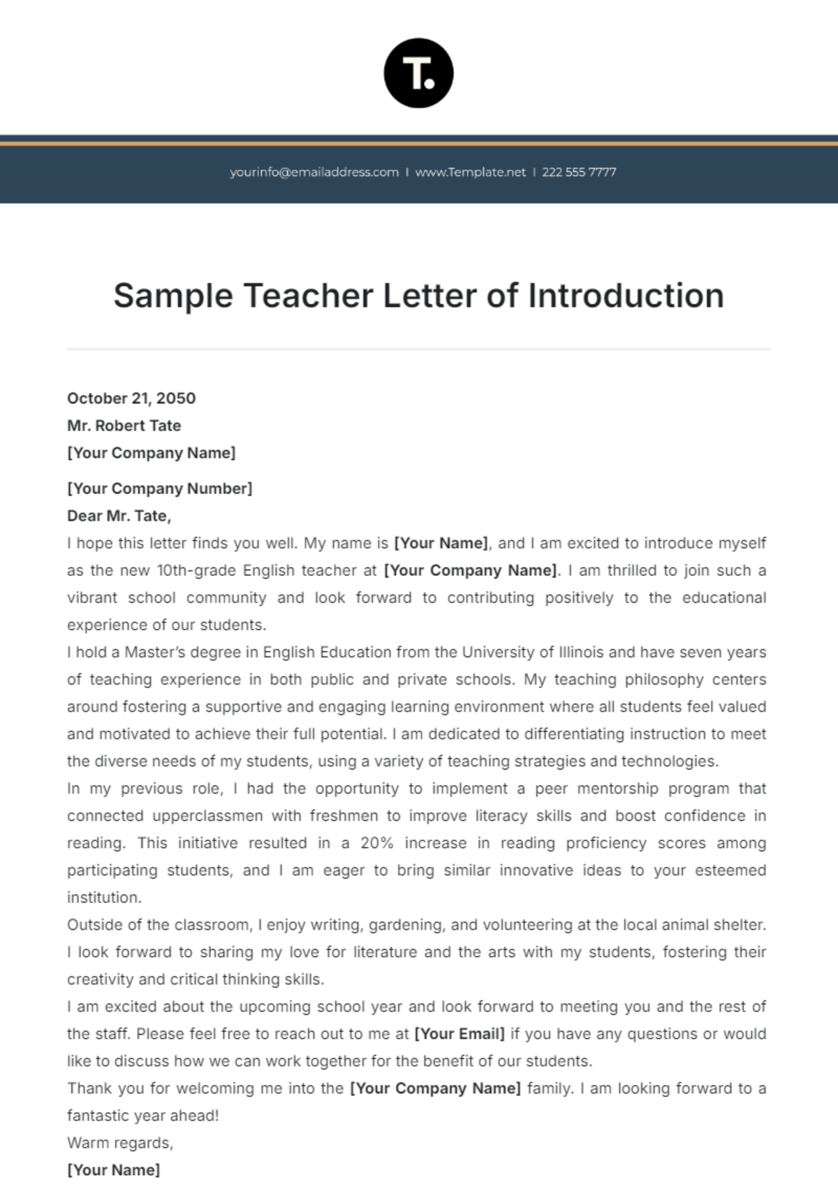 Sample Teacher Letter of Introduction Template - Edit Online & Download