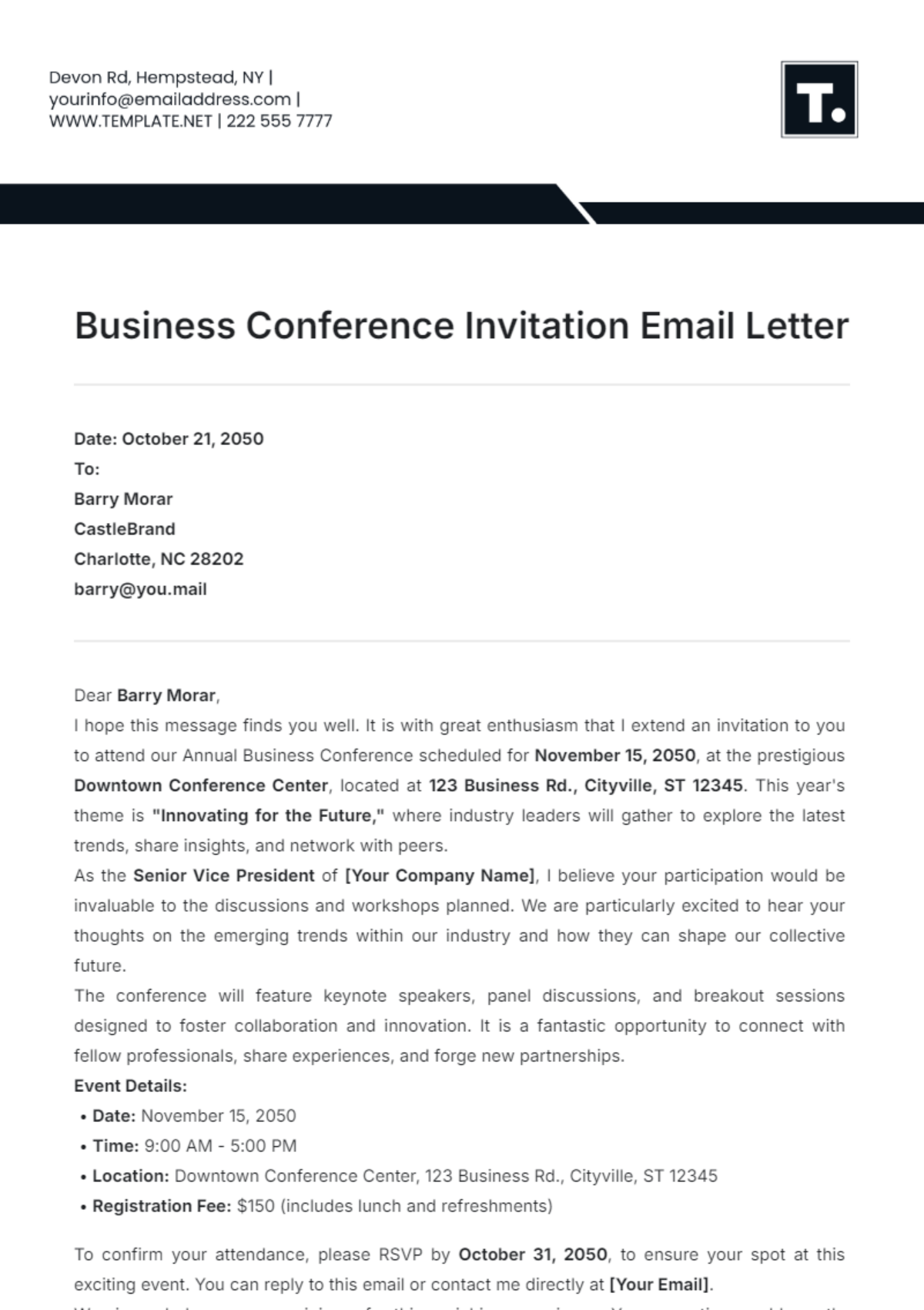 Business Conference Invitation Email Letter Template