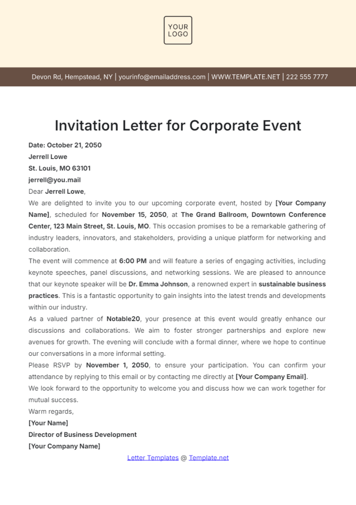 Invitation Letter for Corporate Event Template