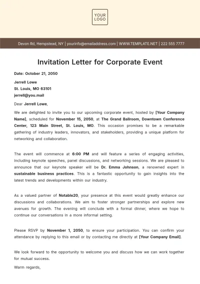 Free Invitation Letter for Corporate Event Template to Edit Online