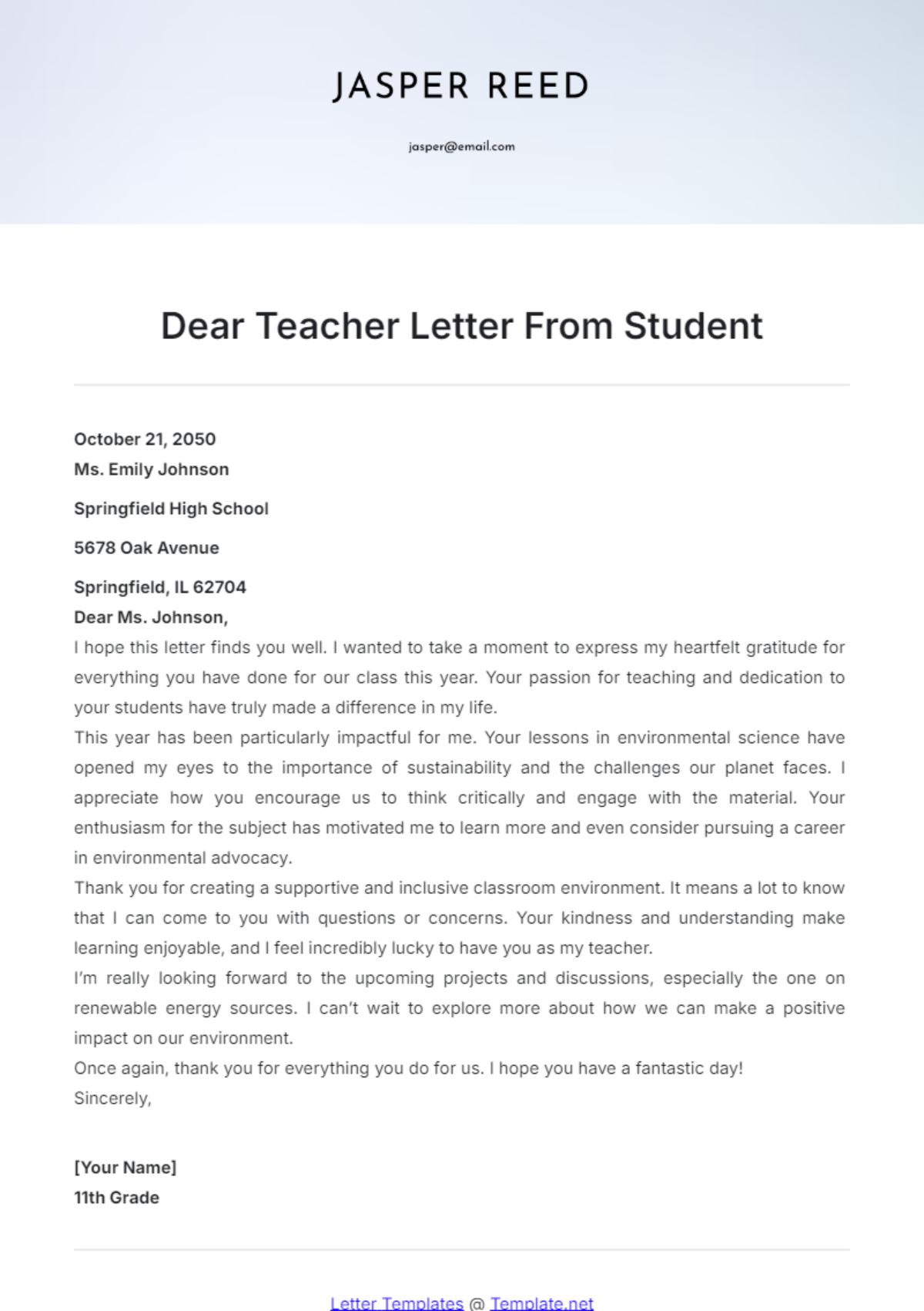 Dear Teacher Letter From Student Template - Edit Online & Download