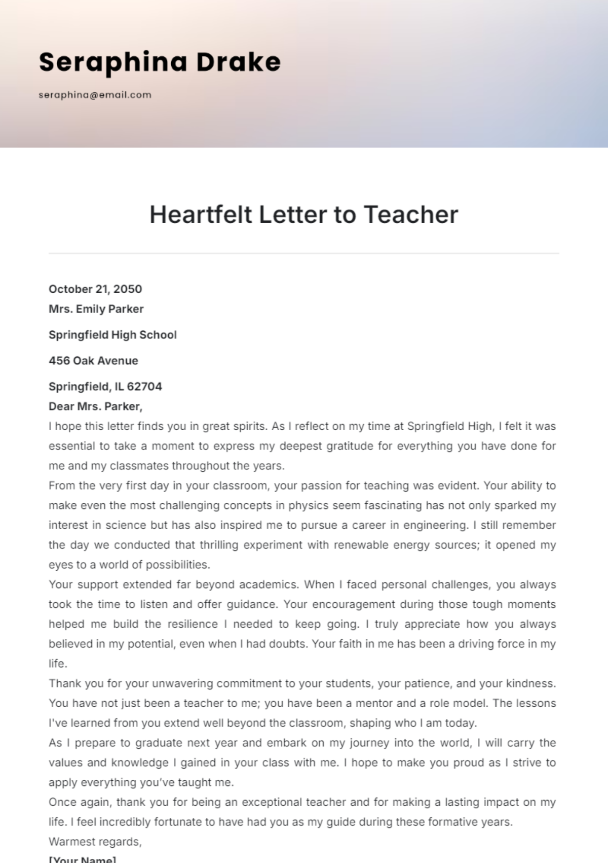 Heartfelt Letter to Teacher Template - Edit Online & Download