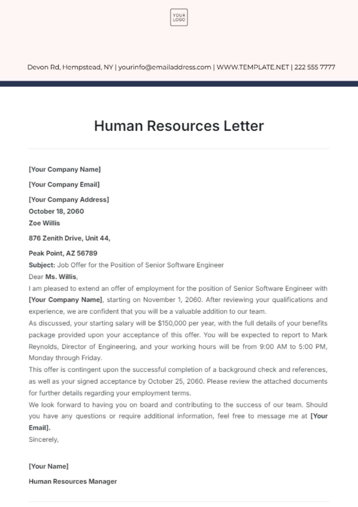 Human Resources Letter Template - Edit Online & Download