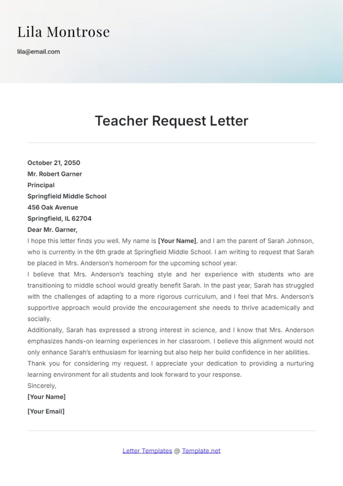 Teacher Request Letter Template - Edit Online & Download