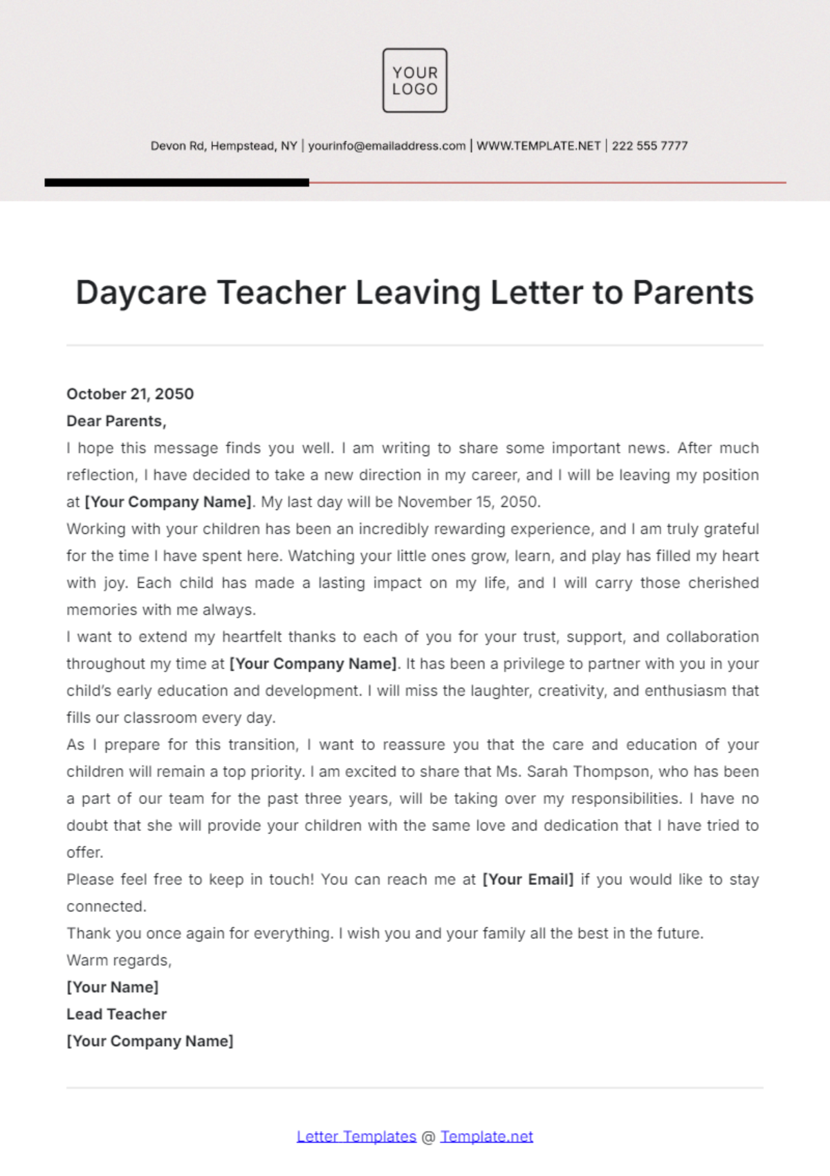 Daycare Teacher Leaving Letter to Parents Template - Edit Online & Download