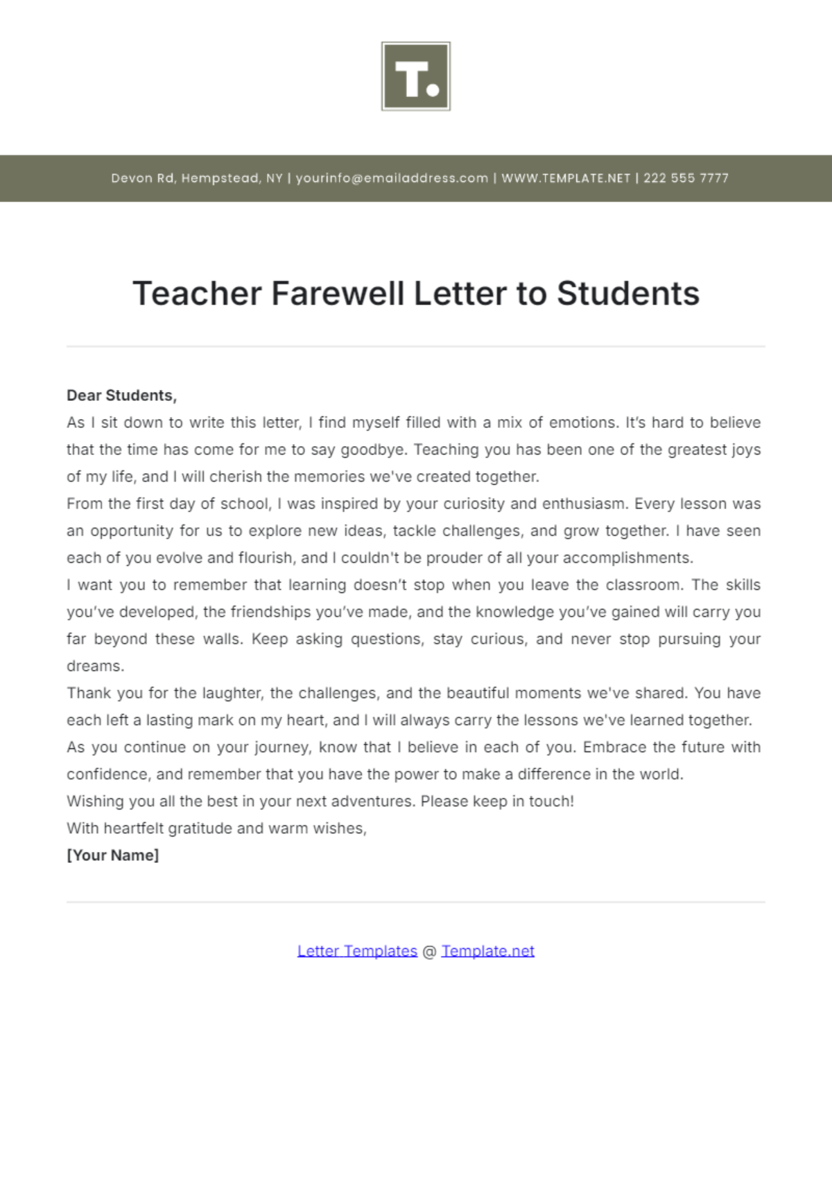 Teacher Farewell Letter to Students Template - Edit Online & Download