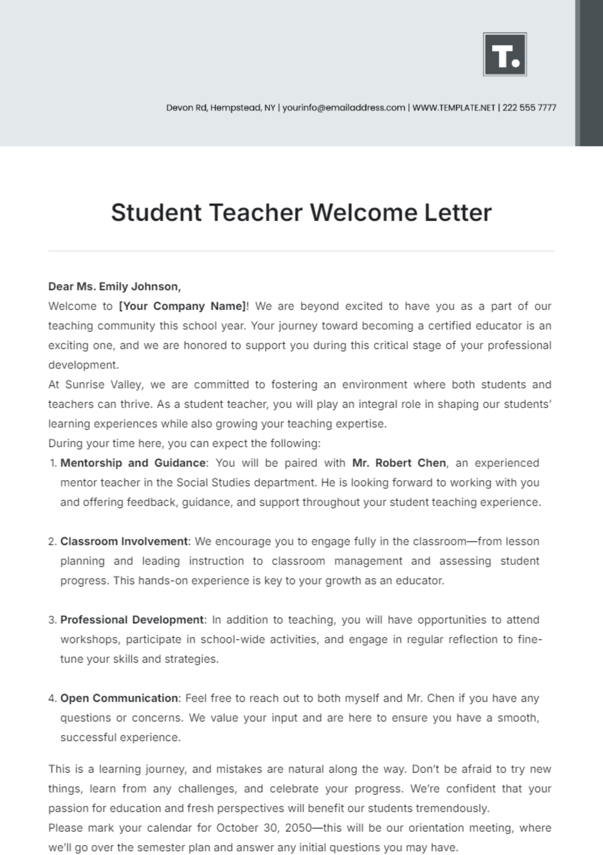 Student Teacher Welcome Letter Template - Edit Online & Download