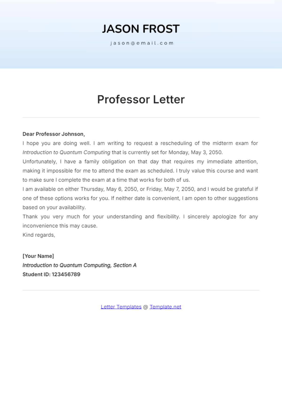 Professor Letter Template - Edit Online & Download