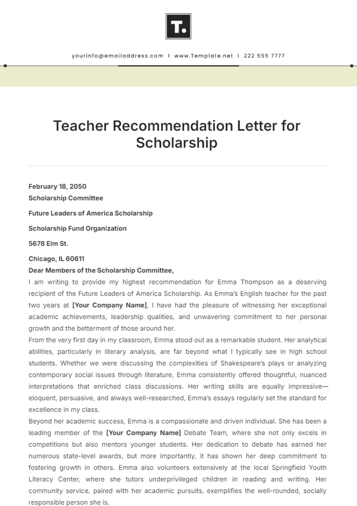 Teacher Recommendation Letter for Scholarship Template - Edit Online & Download