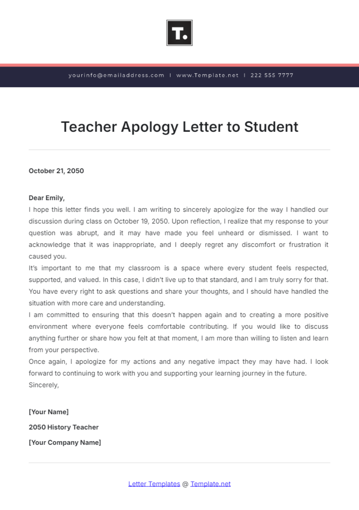 Teacher Apology Letter to Student Template - Edit Online & Download