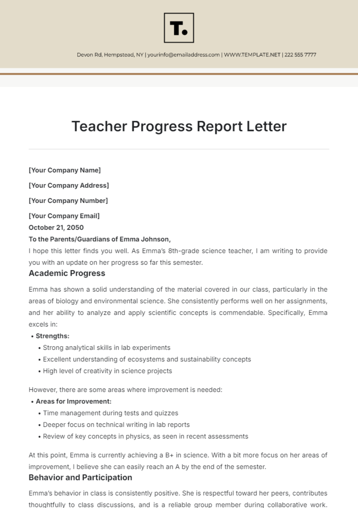 Teacher Progress Report Letter Template - Edit Online & Download