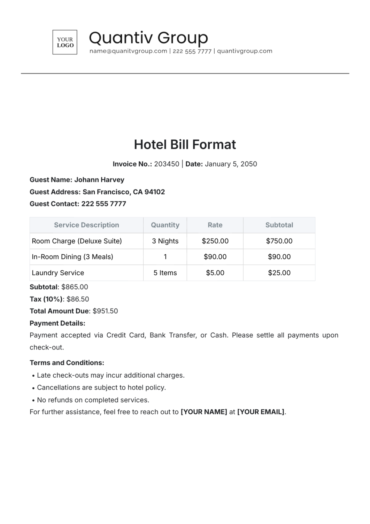 Hotel Bill Format Template - Edit Online & Download