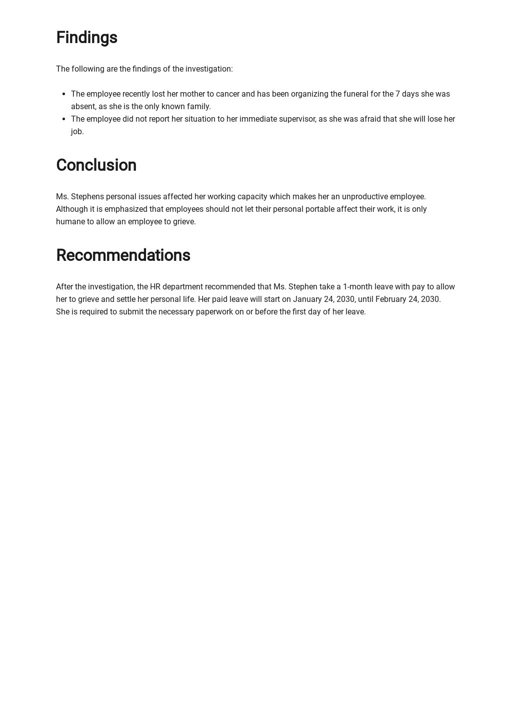 Hr Investigation Report Template Word