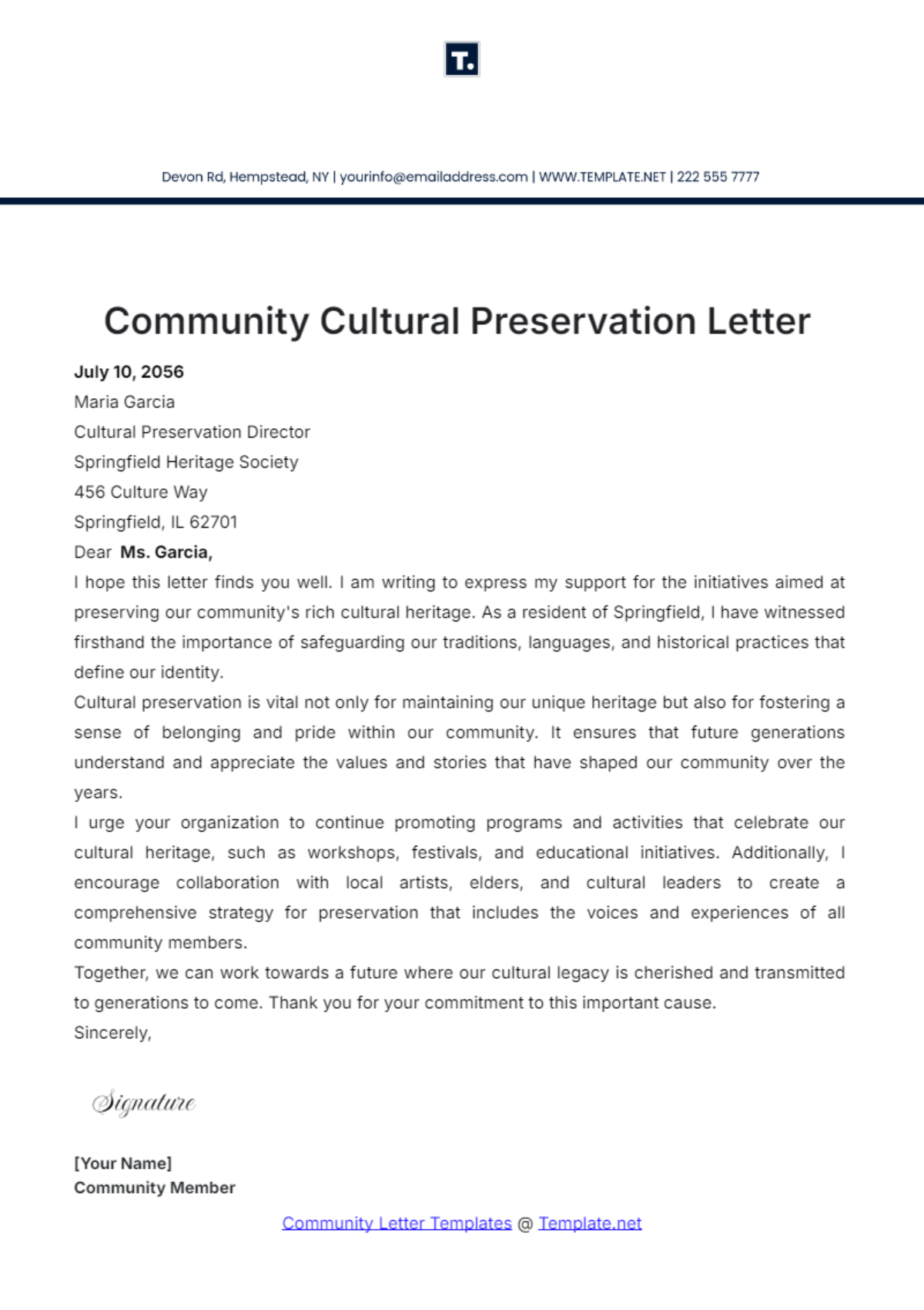 Community Cultural Preservation Letter Template - Edit Online & Download