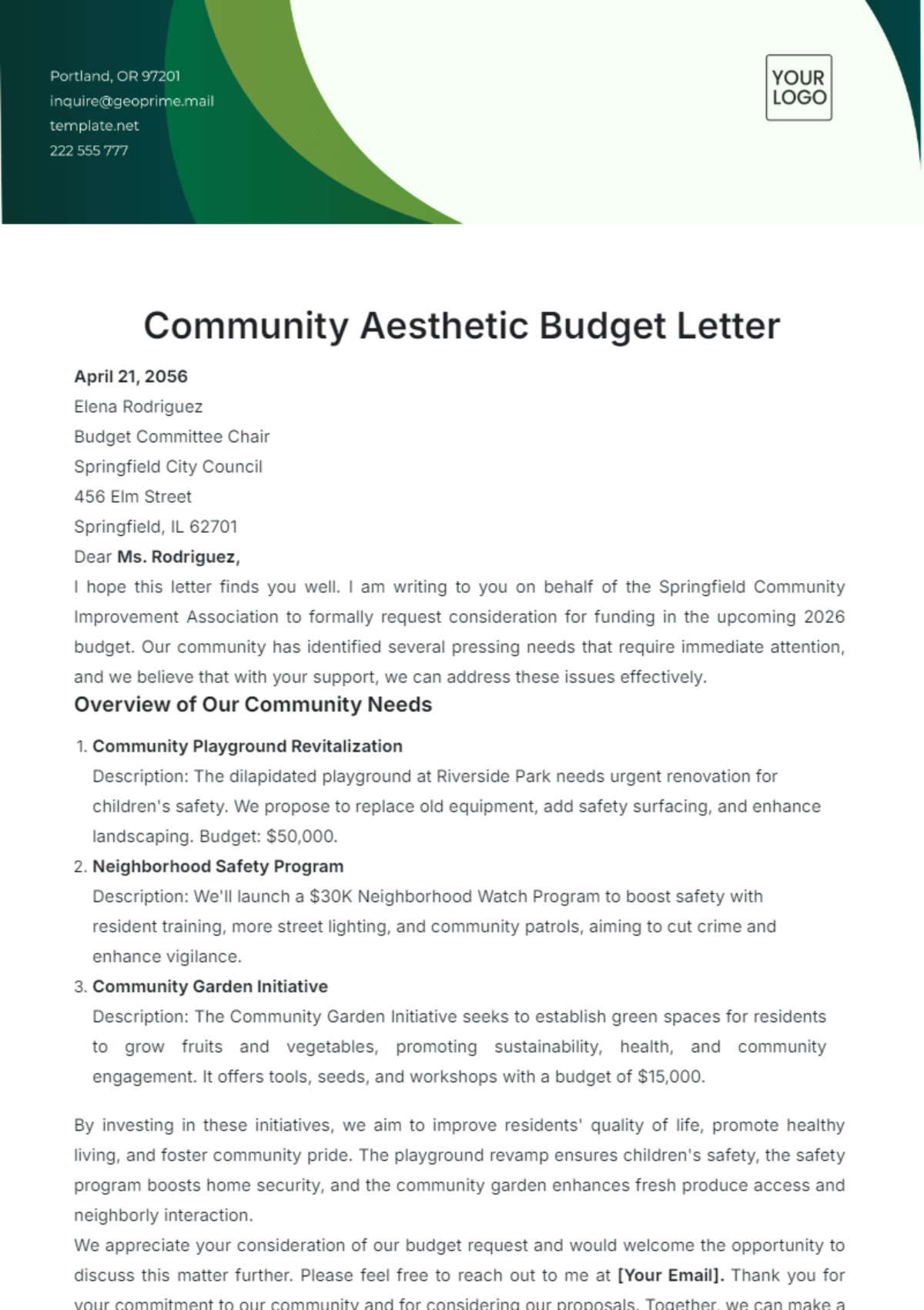 Community Aesthetic Budget Letter Template - Edit Online & Download