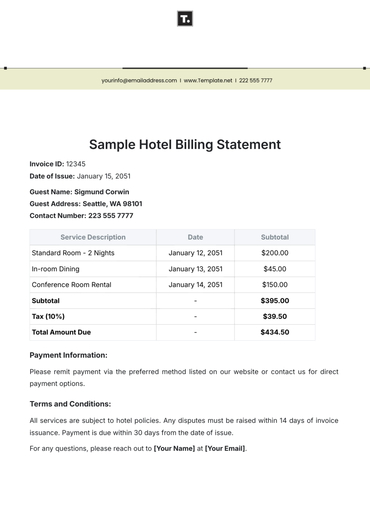 Sample Hotel Billing Statement Template - Edit Online & Download