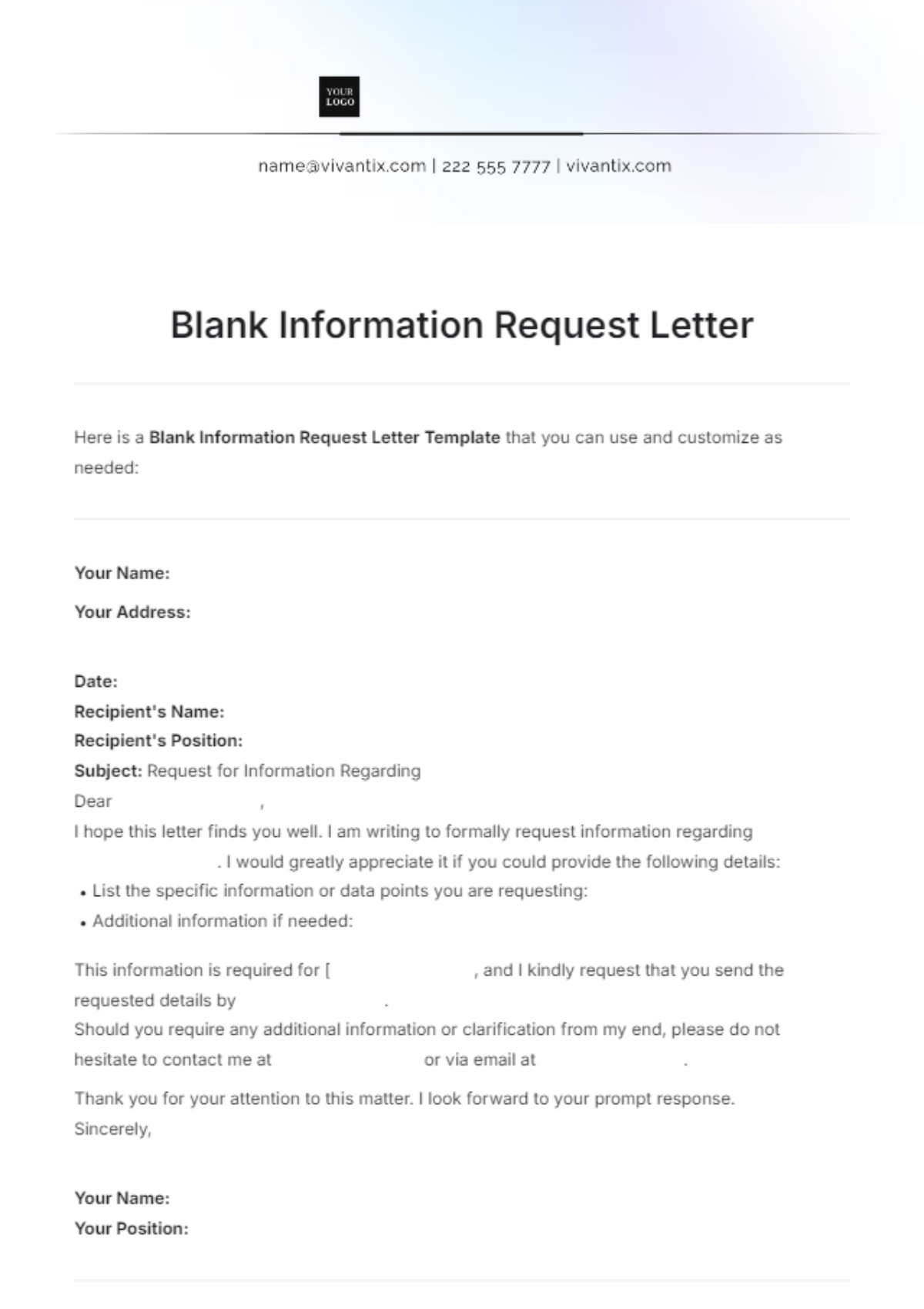 Blank Information Request Letter Template - Edit Online & Download