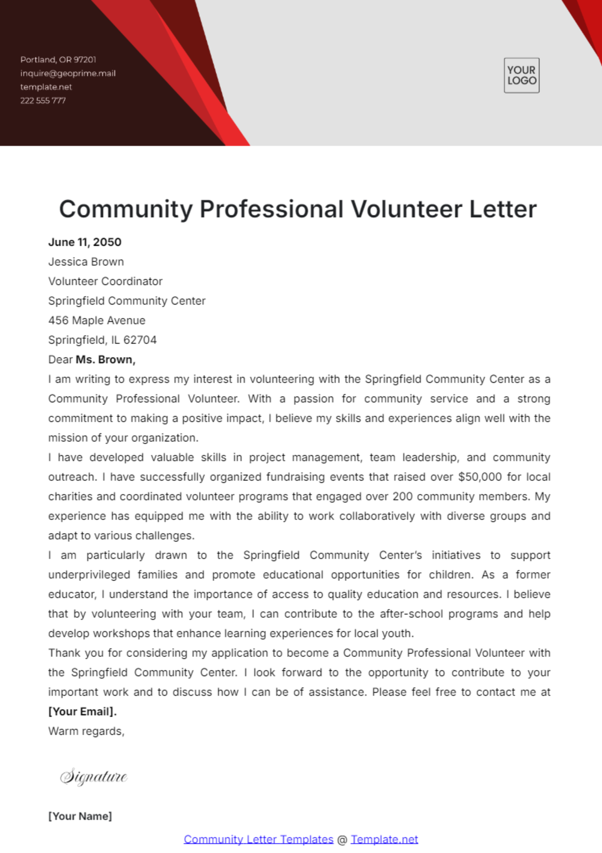 Community Professional Volunteer Letter Template - Edit Online & Download