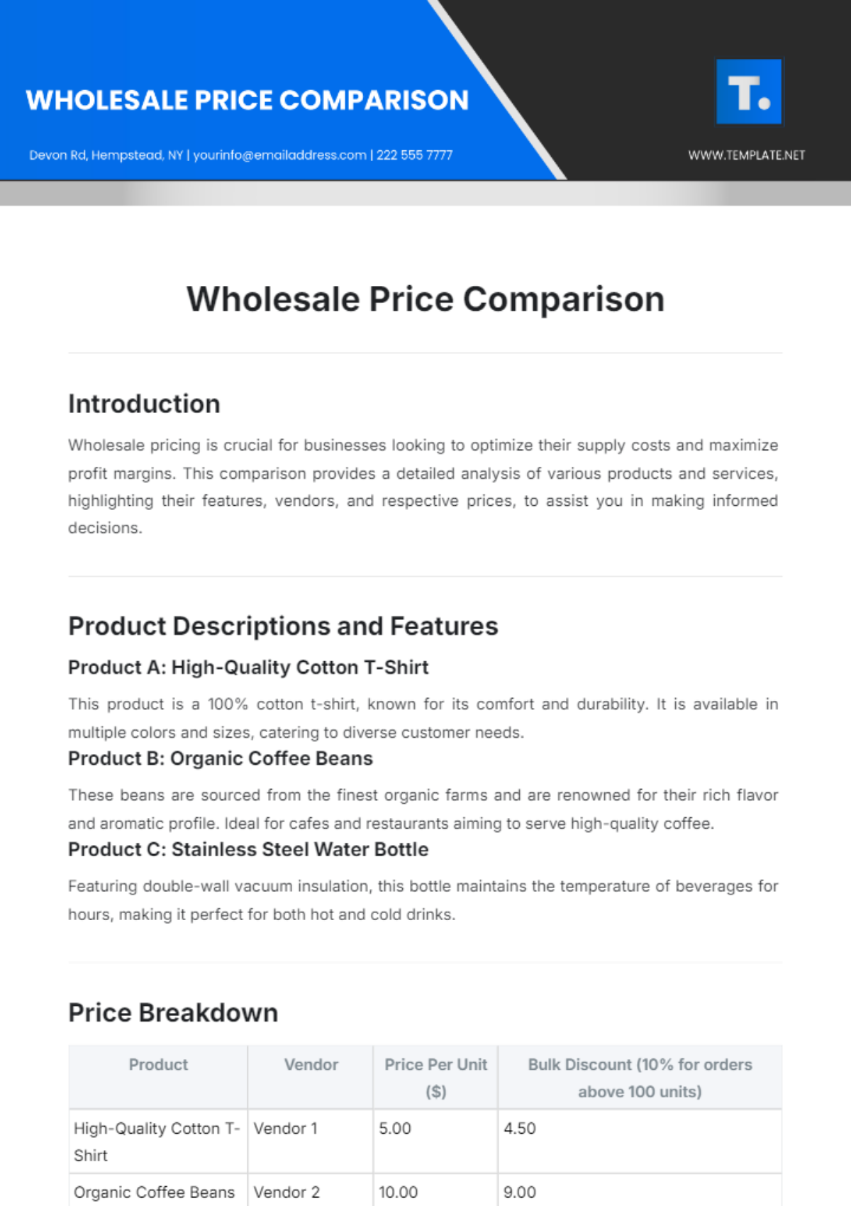 Wholesale Price Comparison Template