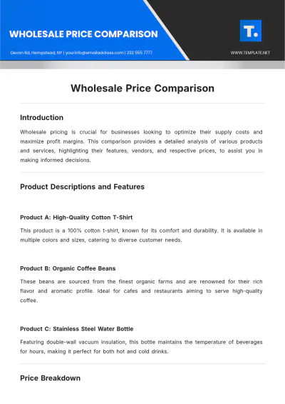 Free Wholesale Price Comparison Template to Edit Online