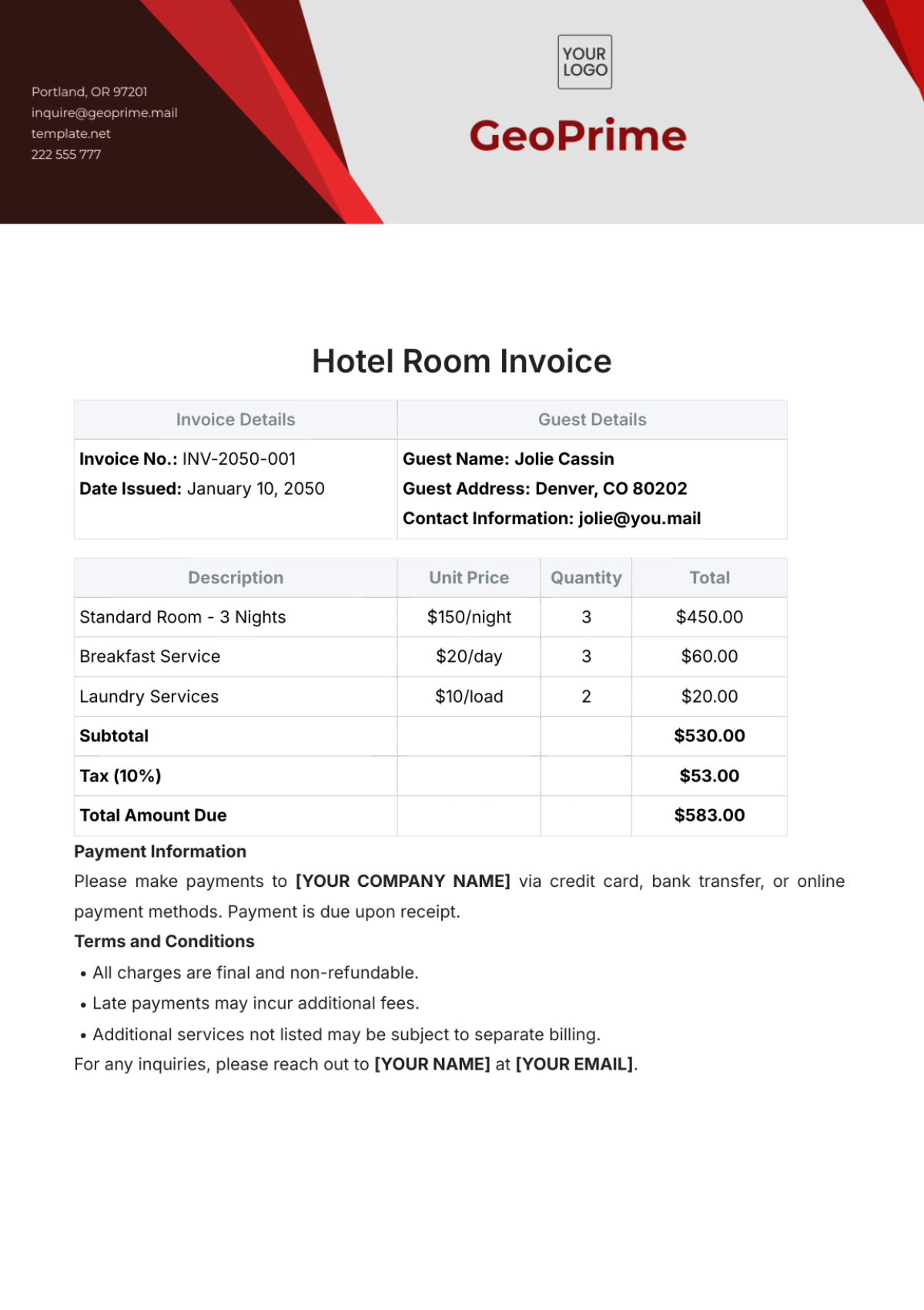 Hotel Room Invoice Template - Edit Online & Download