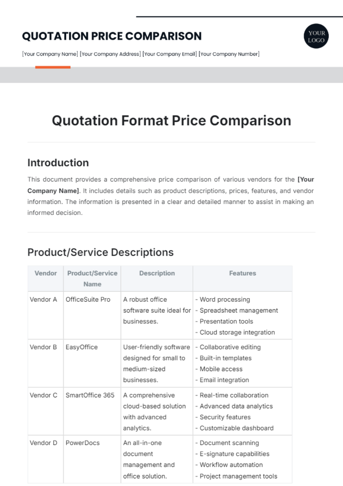 Quotation Format Price Comparison Template