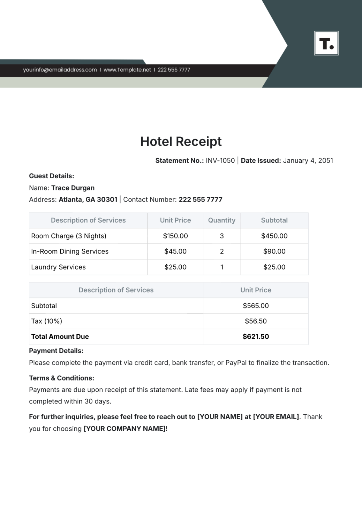 Hotel Receipt Template - Edit Online & Download