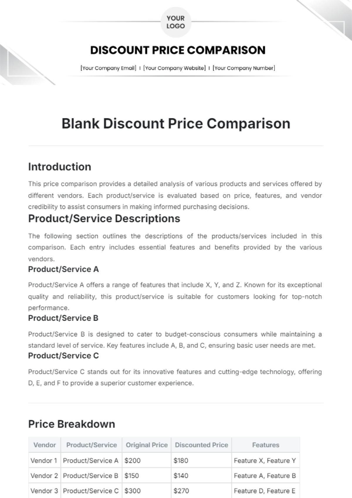 Blank Discount Price Comparison Template