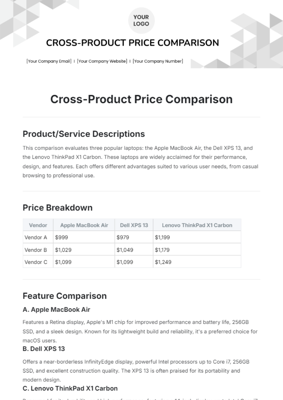 Cross-Product Price Comparison Template