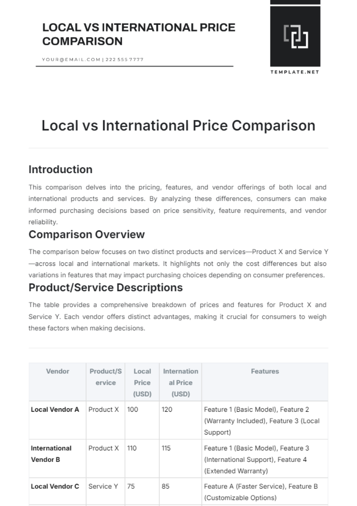 Local vs International Price Comparison Template - Edit Online & Download