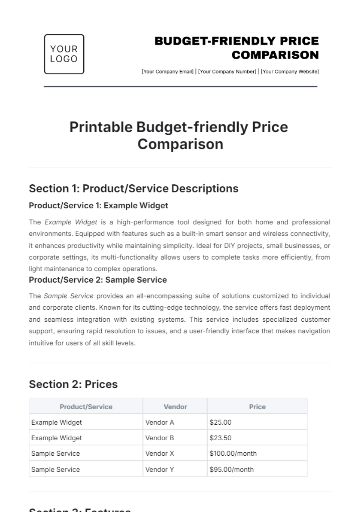 Printable Budget-friendly Price Comparison Template - Edit Online & Download