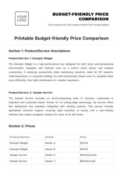 Free Printable Budget-friendly Price Comparison Template to Edit Online