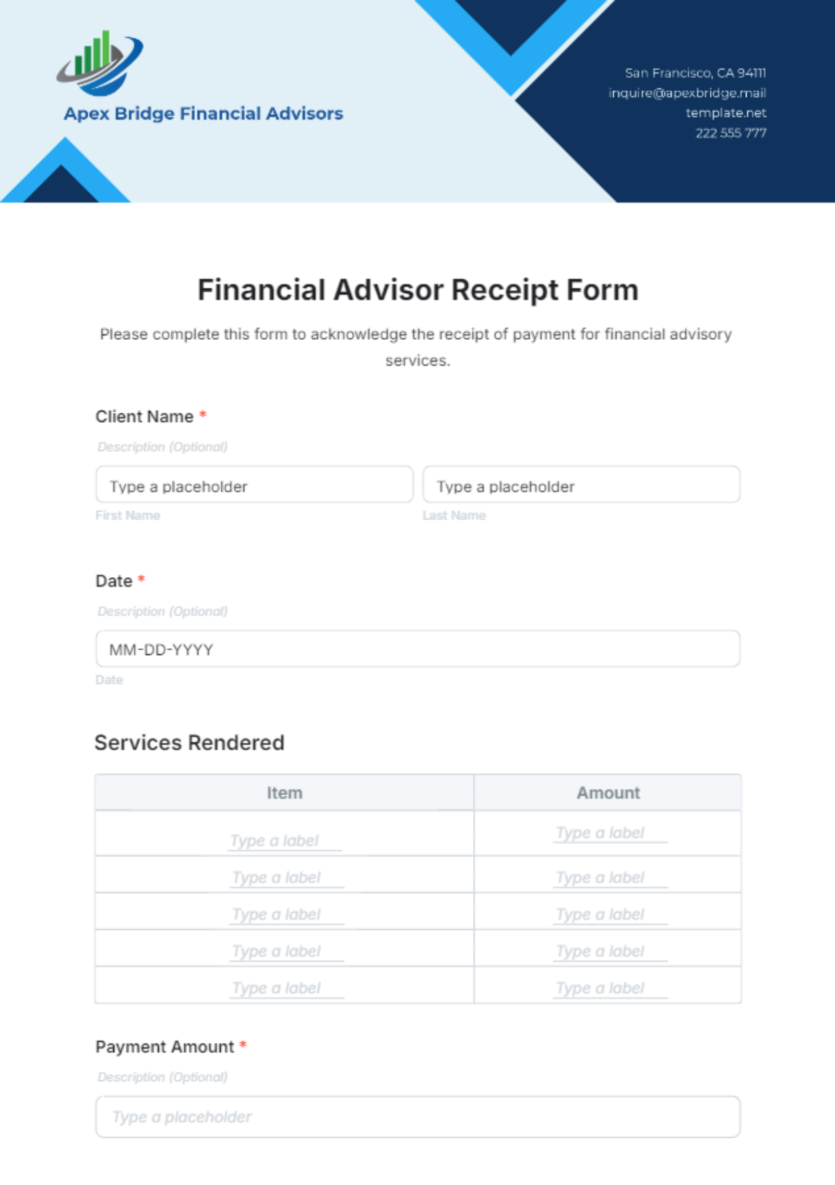 Financial Advisor Receipt Form Template - Edit Online & Download