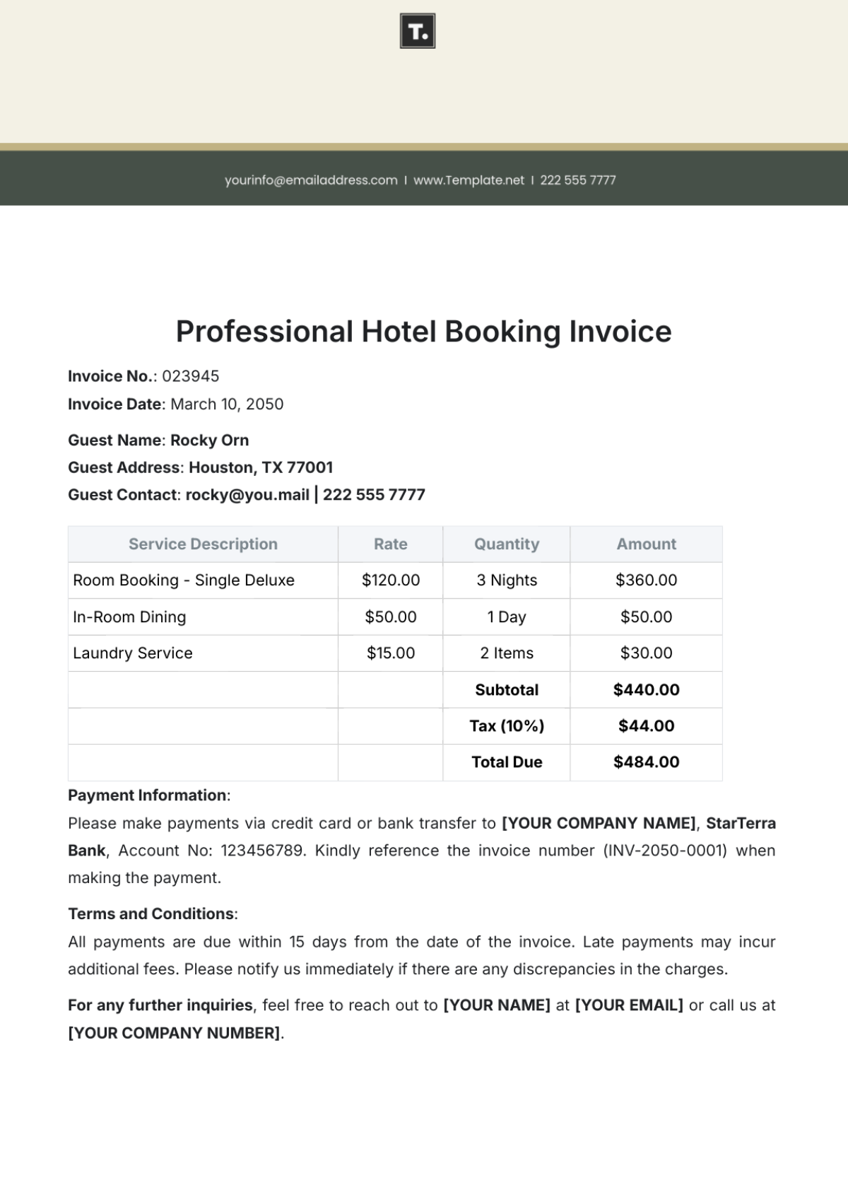 Professional Hotel Booking Invoice Template - Edit Online & Download