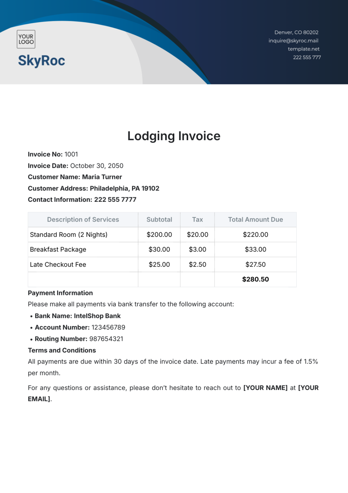 Lodging Invoice Template - Edit Online & Download