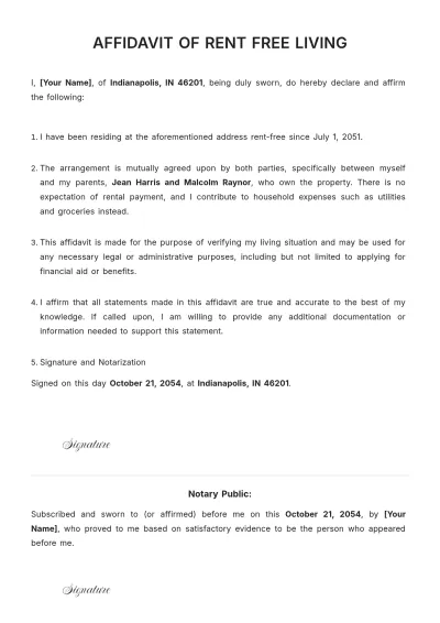 Free Affidavit for Rent-Free Living Template to Edit Online